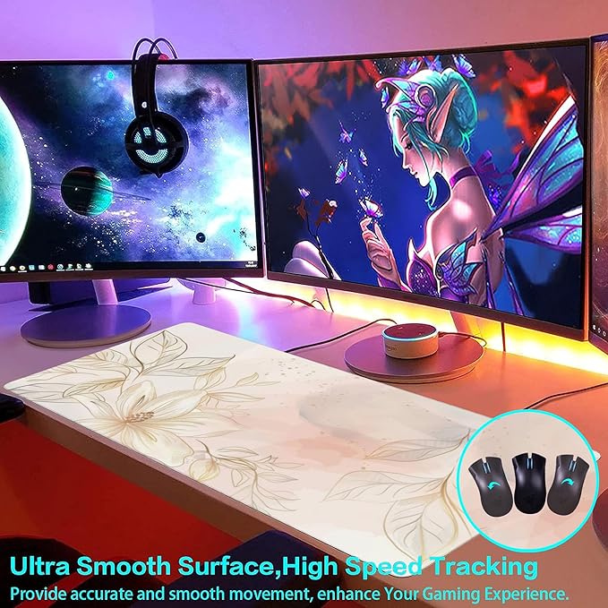 Desk Mat,Minimalist Flowers and Leaves Large Gaming Mouse Pad for Desk XXL,Golden Line Floral Desk Pad,Extended Big Computer Keyboard Mouse Pad with Non-Slip Base Stitched Edges 35.4"x15.7"