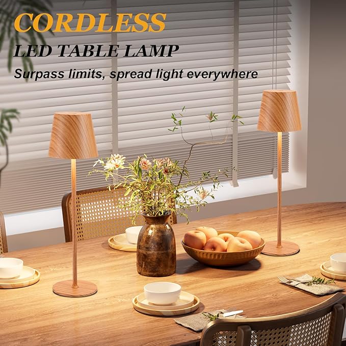 Cordless Table Lamp Rechargeable - Wood Grain 2 Pack 5000mAH Battery Operated Lamp for Counter, 3 Color Stepless Dimming Waterproof LED Wireless Lamp for Dining Kitchen, Outdoor Patio, Touch Control