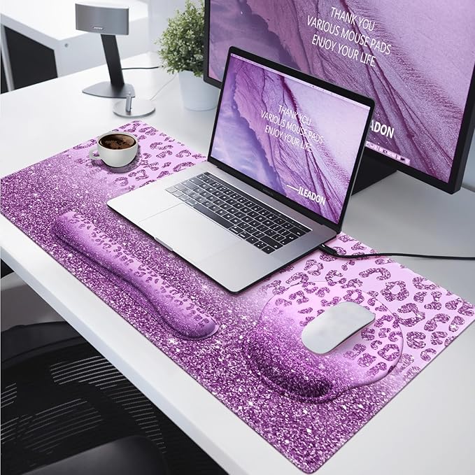 iLeadon Mouse Pad Set, Desk Mat + Mouse Pad with Wrist Rest + Keyboard Wrist Rest + Coaster, 4in1 Large Gaming Mouse Pad Glitter Leopard Mouse and Keyboard Pad Set for Home Office, Purple