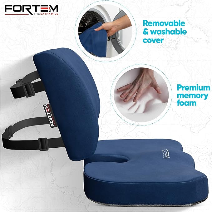 FORTEM Seat Cushion, Office Chair Cushion, Lumbar Support Pillow for Office Chair, Memory Foam Ergonomic Coccyx & Lumbar Support, Car Sitting Pad, Washable Non-Slip