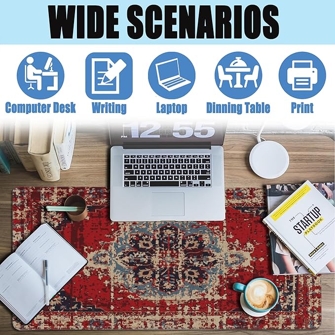 Desk Mat,Boho Carpet Style Large Gaming Mouse Pad for Desk XXL,Bohemian Rug Desk Pad,Extended Big Computer Keyboard Mouse Pad with Non-Slip Base and Stitched Edges 35.4"x15.7"