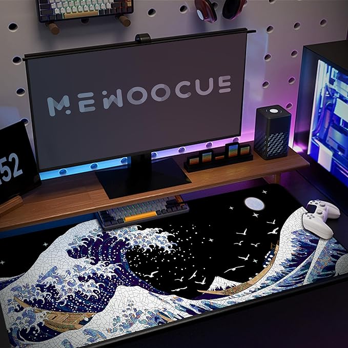 MEWOOCUE® Gaming Mouse Pad for Desk,Large Wave Mousepad Laptop,Black White Japanese Anime Mouse Mat,Long XXL Waterproof Keyboard Pads,Big Non-Slip Mousepads for Game Office Home（31.5 x 11.9 in）