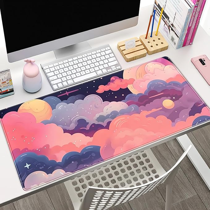 Cute Desk Mat Kawaii Clouds Pink Purple Desk Pad Anime XXL Large Mouse Pad Big Full Desk Gaming Mousepad Laptop Computer Keyboard Mouse Mat 31.5''X 15.7'' Cute Desk Decor Accessories