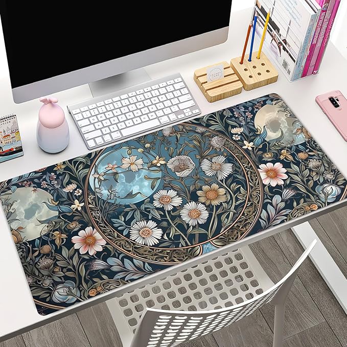 Tarot Triple Moon Desk Mat Retro Aesthetic Desk Pad Daisy Vintage Floral Extended Mouse Pad Large Gaming Mousepad XXL Laptop Computer Mouse Keyboard Mat 31.5 x 15.7 in for Office Desk Decor