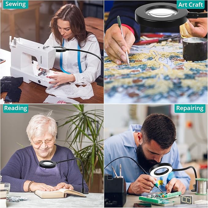 5X Magnifying Glass Desk Clip Lamp, 10 Brightness, 3 Color Modes, 5V/2A Adapter Included – Clamp Light for Reading, Crafting, Close Work (Black)