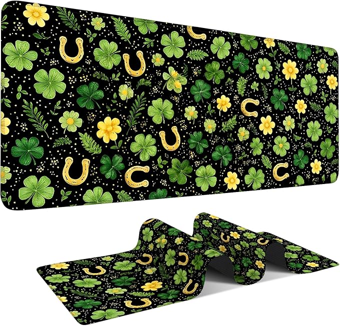 Large Mouse Pad & Keyboard Mat 35x16 Inches, Fresh Clover and Golden Horseshoe Meadow Non-Slip Rubber Base Desk Mat, Large Extended Desk Protector for Home Office Gaming Setup