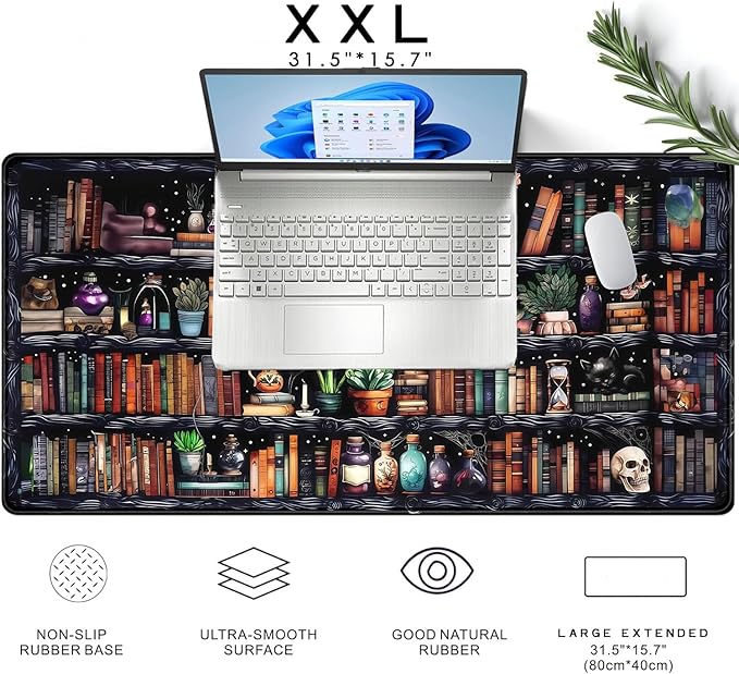 Mysterious Library Magic Desk Mat Large Gaming Mouse Pad Fantacy Bookshelf Book Witchy Decor Mousepad with Stitched Edges, Keyboard Mouse Mat for Work Game Office Home 31.5x15.7 in