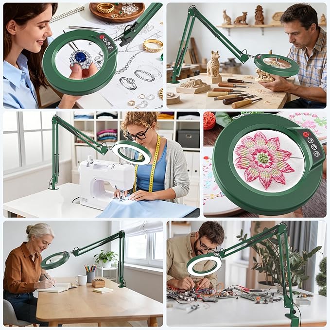 10X Magnifying Glass with Light and Clamp, Real Glass Stand Lighted Magnifier, 5 Color Modes Stepless Dimmable LED Desk Lamp Hands Free for Crafts Hobby Reading Painting Sewing Close Work Large Green