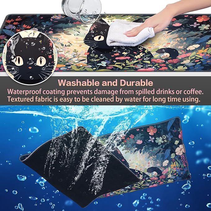 Canjoy Cute Black Cats Anime Mouse pad, 31.5x15.7inch Kawaii Computer Keyboard Mat Extended Large Gaming Mouse Pad with Non-Slip Rubber Base