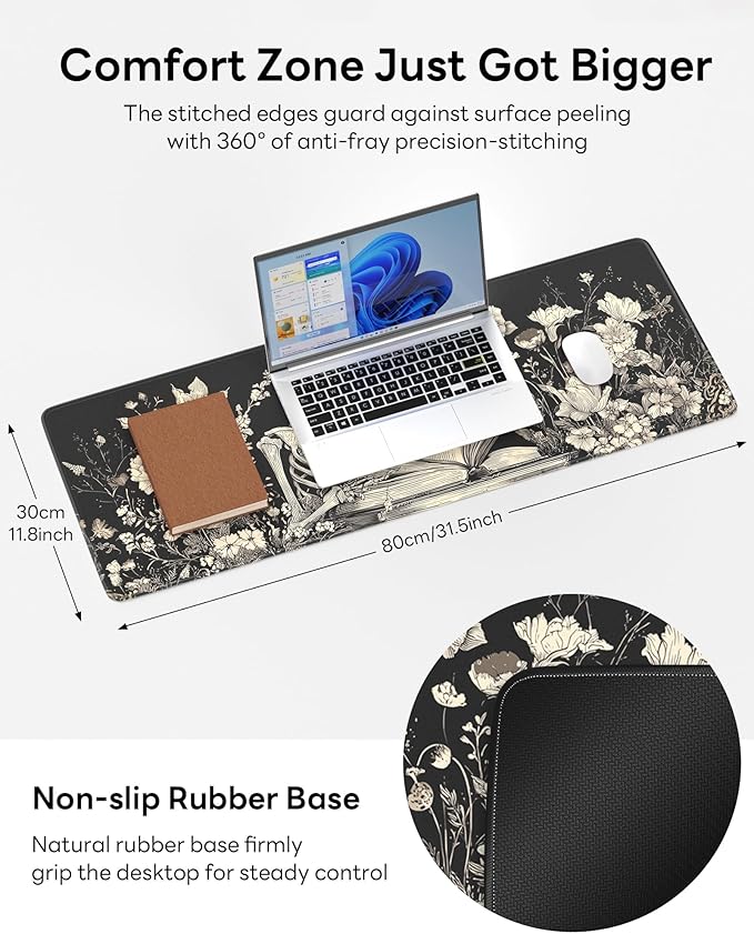 Skull Mouse Pad, 31.5 x 11.8 Large Desk Mat with Stitched Edges & Non-Slip Base, Mousepad for Office, Home, Work, White Skull