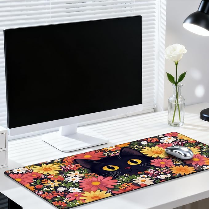 Large Mouse Pad 35.4x15.7 Inch Black Cat in Flowers Gaming Desk Mat with Non-Slip Rubber Base, Stitched Edges for Gaming,Office