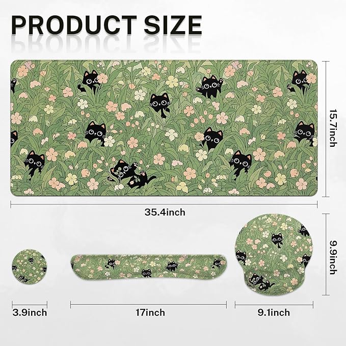 Arttown Cute Black Cat Desk Mat Pink Flower Green Leaves Mouse Pad Set 4 in 1 Ergonomic Design Large Desk Pad + Keyboard Wrist Rest + Mouse Wrist Rest + Coaster Suitable for Home Office Study Game