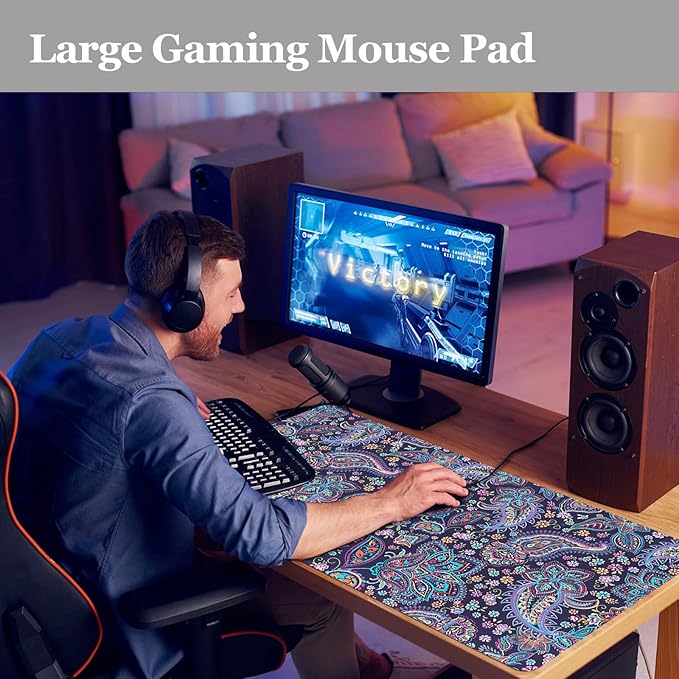 Mouse Pad Paisley Floral, Desk Mat for Desktop, Purple Flowers Desk Pad Extended XXL Large Gaming Mouse pad Anti-Slip with Stitched Edges Waterproof Computer Laptop Keyboard Desk Mat for Women Girls