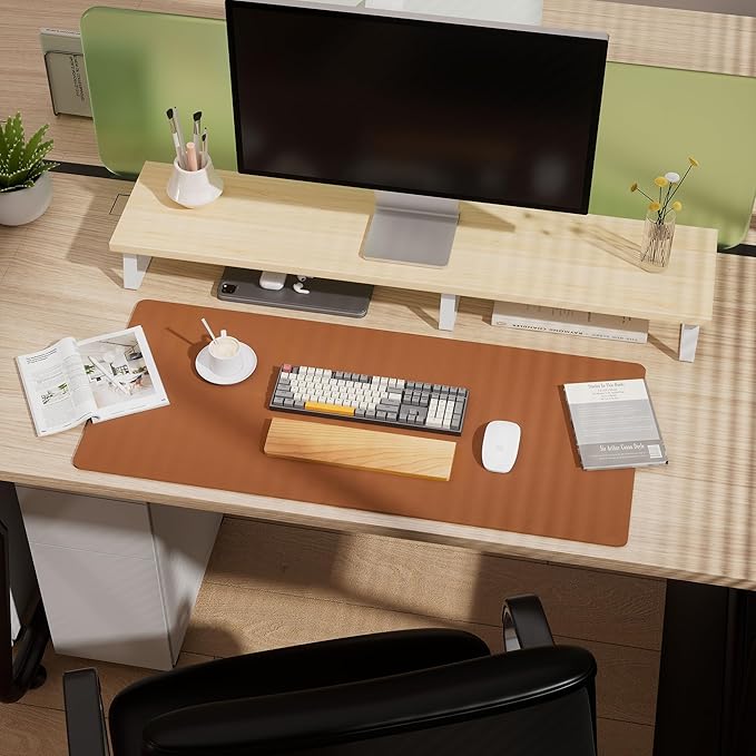 Aothia Double-Sided Desk Pad, Leather Desk Mat, Eco Cork Desk Pad Protector, Large Mouse Pad, Waterproof Desk Blotter Protector for Office/Home (25.6"x13.7", Brown)