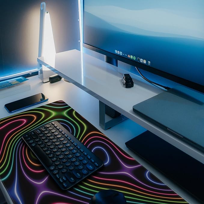 Desk Mat, Colorful Neon Topographic Contour Map Extended Gaming Mouse Pad Large, 31.5"x11.8" Big Mouse Pad with Non-Slip Base and Stitched Edge, Long Computer Keyboard Mouse Mat for Home Office Work