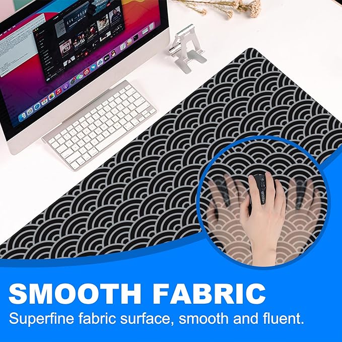 Desk Pad, Black and Silver Fan-Shaped Waves Extended Gaming Mouse Pad Large, 31.5"x11.8" Big Mouse Pad with Non-Slip Base and Stitched Edge, Long Computer Keyboard Mouse Mat for Home Office Work
