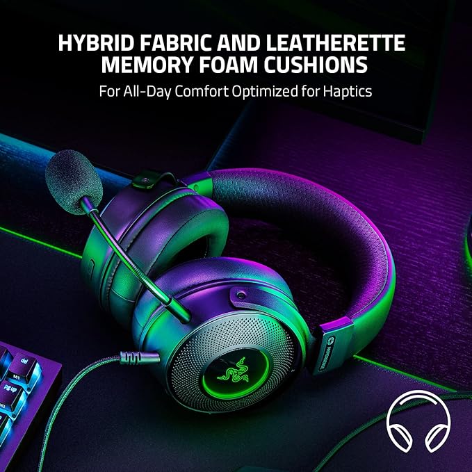 Razer Kraken V3 HyperSense Wired USB Gaming Headset w/Haptic Technology: Triforce Titanium 50mm Drivers - THX Spatial Audio - Hybrid Fabric & Leatherette Memory Foam Cushions - Detachable Mic
