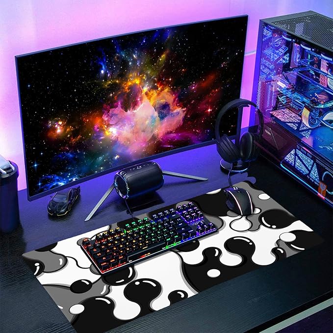 aportt Black White Grey Mouse Pad XL Large Anime Cool Geometric Japanese Extended Desk Mat 60x35 CM Non-Slip Rubber Base Stitched Edge Large Mousepad for Desk Gaming Laptop Desktop,24x14 Inch
