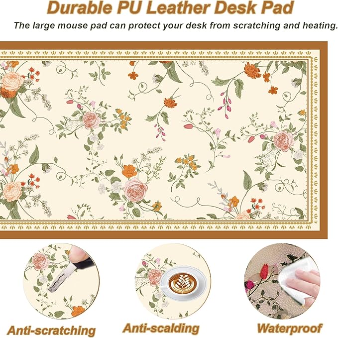 Desk Pad, ZAXOXAZ PU Leather Desk Pad Protector, 31.5" x 15.7" XXL Large Extended Flowers Mouse Pad, Big Desk Mat Floral Desk Blotter, Waterproof Desk Writing Pad for Office and Home