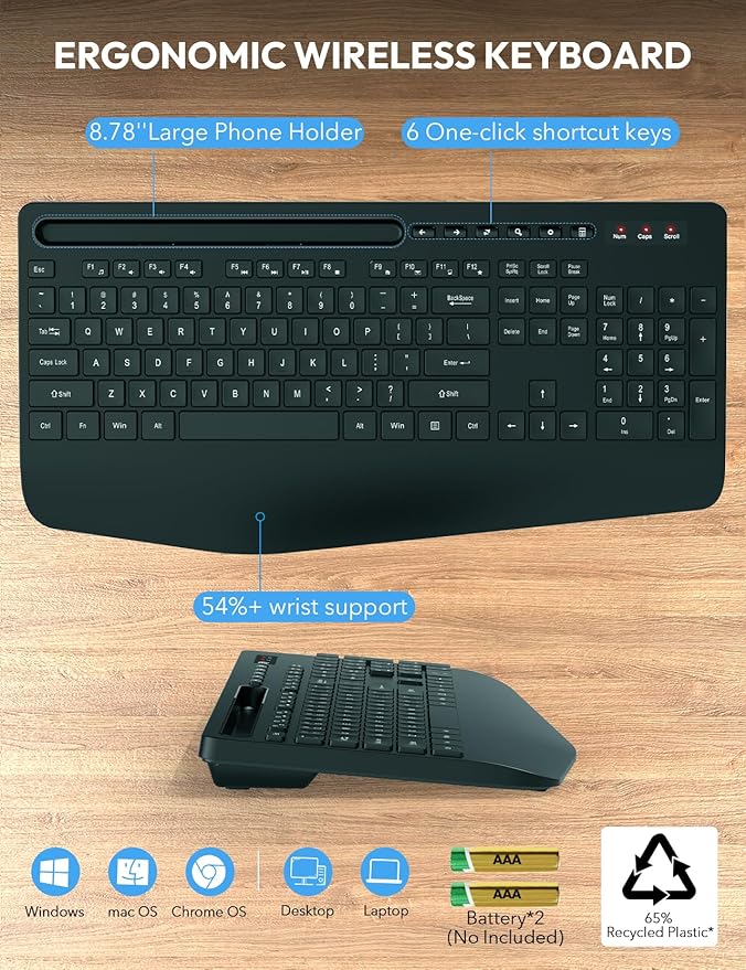 SABLUTE Wireless Keyboard and Mouse, Wrist Rest, Phone Holder, 2.4G Lag-Free Ergonomic Keyboards Mouse Combo, KM23D Silent Keyboard Cordless Set for Computer, Laptop, Windows (2 Pack)