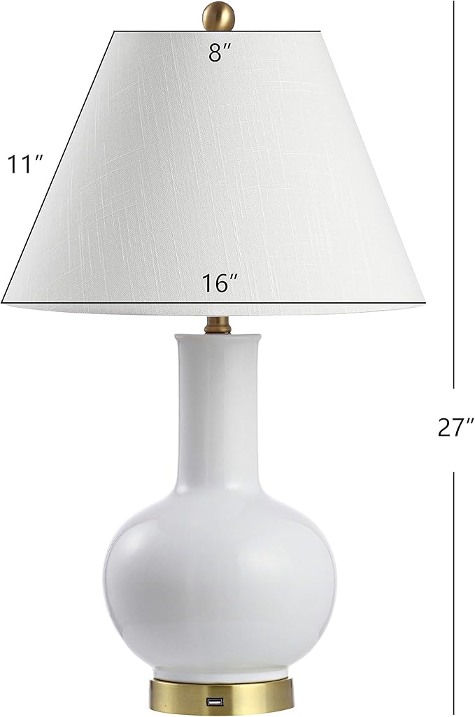 JONATHAN Y 27" White Ceramic and Brass Gold Gourd LED Table Lamp with USB Charging Port, Contemporary Bedside Lamp for Bedroom Living Room, Linen Shade, LED Bulb Included JYL6600A