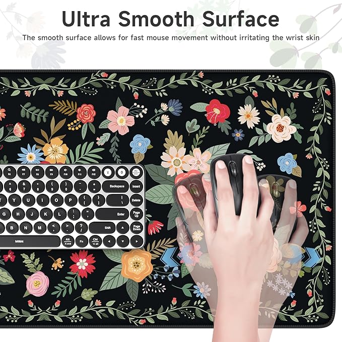 HAOCOO Floral Desk Pad for Keyboard and Mouse, Large Mouse Pad for Desk, Non-Slip Keyboard Mat, Computer Mats for Desk, Desk Pad with Stitched Edges for Office, Gaming(Black)