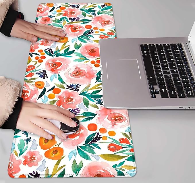 IMAYONDIA Large Floral Gaming Mouse Pad Mat with Stitched Edges, Extended Mousepad, Non-Slip Rubber Base Keyboard Pad, Desk Pad for Gamer, Office, (31.5” x 11.8” x 0.12”) - Watercolor Rose Flowers