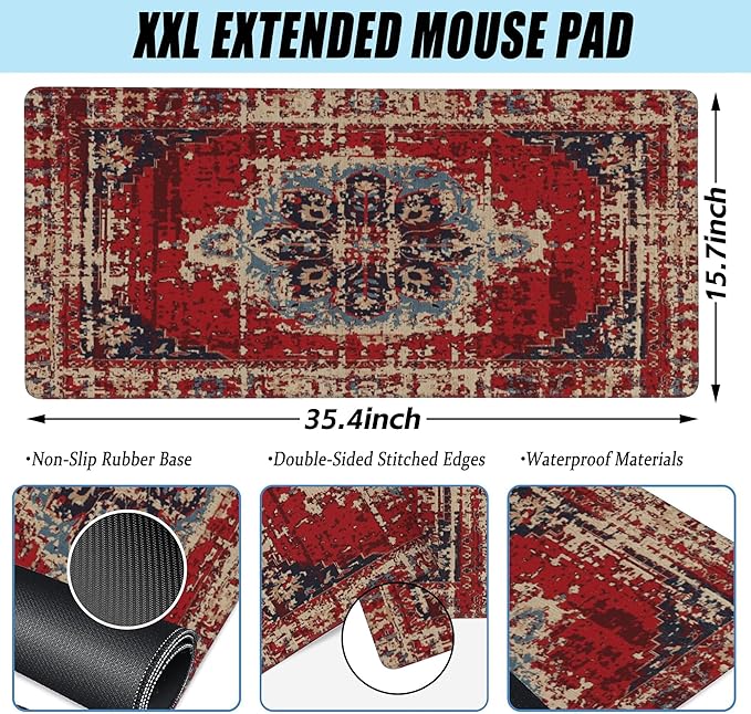 Desk Mat,Boho Carpet Style Large Gaming Mouse Pad for Desk XXL,Bohemian Rug Desk Pad,Extended Big Computer Keyboard Mouse Pad with Non-Slip Base and Stitched Edges 35.4"x15.7"