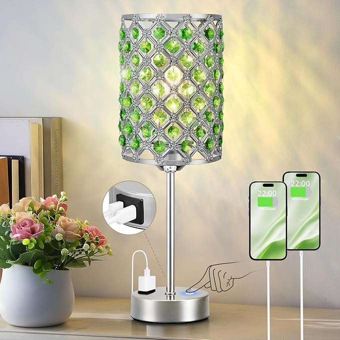 Hong-in Green Lamps for Night Stands-Crystal Table Lamp with USB-C+A & AC Charging Ports, 3-Way Dimmable Nightstand Touch Lamp, Bedside Desk lamp for Bedroom Living Room Home Office