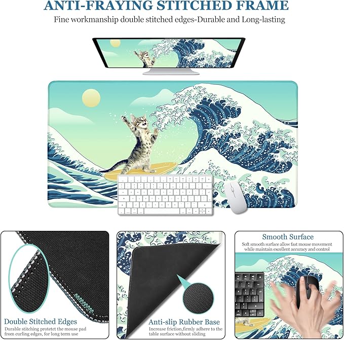 Funny Cat Desk Mat, Desk Matt for Desktop, Surfer Cat DeskPad Mat, XXL Large Mouse Pad for Desks, Anti-Slip Big Mousepad with Stitched Edges, Keyboard Mats for Computer, Work, Office, Game, Home