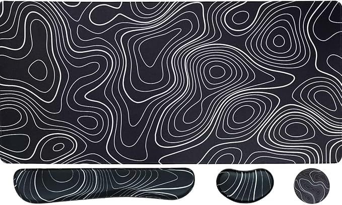 Bloss Mouse Pad with Wrist Rest, 4PCS Desk Mat and Wrist Support for Keyboard, Large Desk Pad, Keyboard Pad for Office Work/Home, Black and White Topography (31.5 x 15.7 Inches)