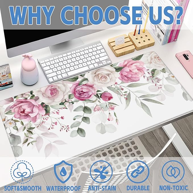 Large Gaming Mouse Pad for Desk,Pink Peony Flowers Eucalyptus Leaves Desk Mat,Watercolor Floral Desk Pad,Extended Big Computer Keyboard Mouse Pad with Non-Slip Base Stitched Edge 35.4"x15.7"