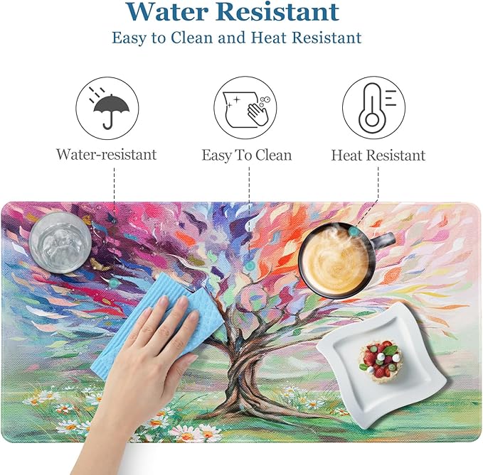 Desk Pad Oil Painting Tree, Desk Matt for Desktop, Seasons Tree of Life Gaming Mouse pad Extend XXL Large Anti-Slip Stitched Edges Waterproof Computer Laptop Keyboard Mat for Game, Home, Work, Office