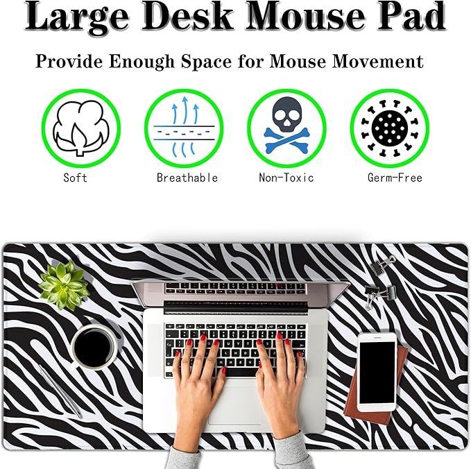 Desk Mouse Pad Black and White, Gaming Pad Big Mouse Pads, Ga Mouse Pad Non-Slip Rubber Base Waterproof with Stitched Edges, 35.4 X 15.7 inch for Work/Game/Office Trendy Zebra Skin Pattern