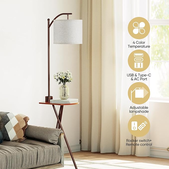 ROTTOGOON Floor Lamp with Table, End Table Lamp with Remote Control and Charging Station(USB & Type-C & AC Port), 4 Color Temperatures, Floor Lamps for Living Room, Bedroom and Home Office,Brown