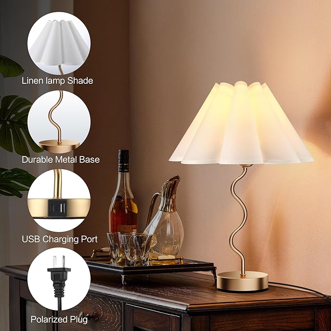 Small Table Lamp Pleated Table Lamp 3 Way Dimmable Touch Lamps for Night Stands with USB C+A Ports Bedside Nightstand Lamp Morden Desk Lamp for Bedroom Home Kitchen Living Room Kids Room Nursery