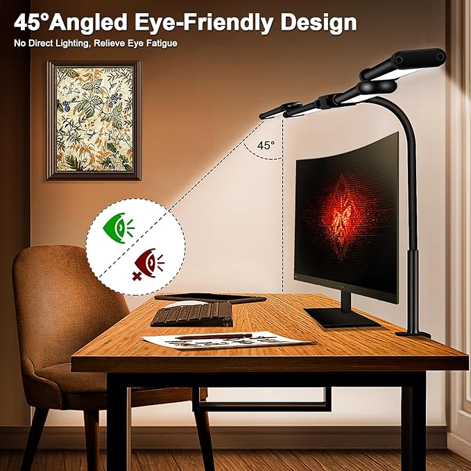 LED Desk Lamp for Home Office, 24W Bright Office Desk Lamp with Desktop Dimmer, 46" Multi-Screen Computer Monitor Architect Clamp Desk Light, Color and Dimming LED Table Light for Work Study
