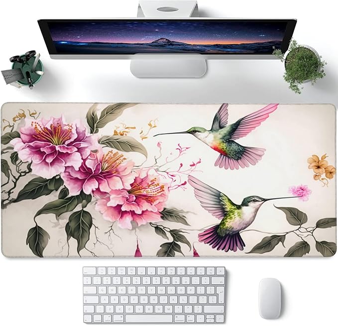Desk Mat,Colibri and Pink Flowers Large Gaming Mouse Pad for Desk XXL,Birds and Floral Desk Pad,Extended Big Computer Keyboard Mouse Pad with Non-Slip Base and Stitched Edge 35.4"x15.7"