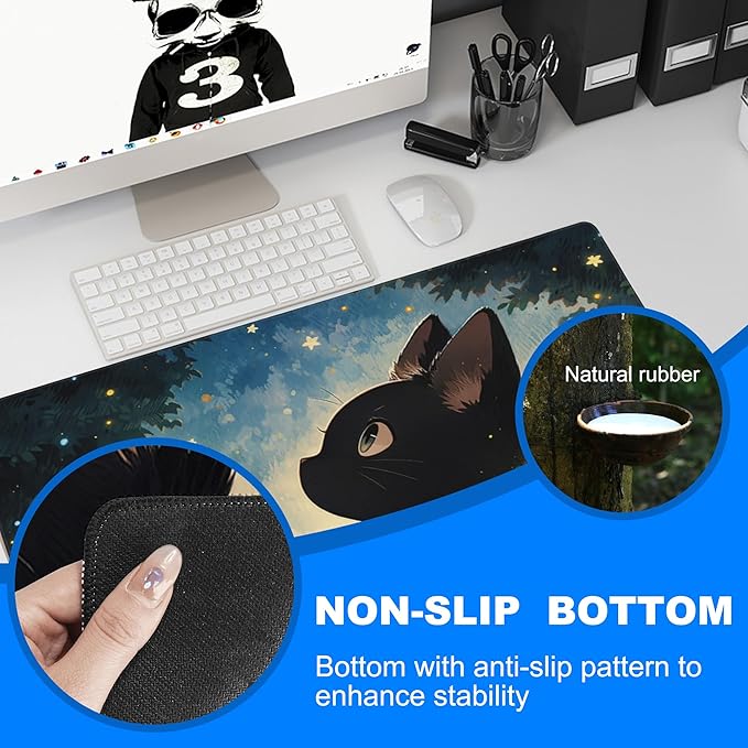 Desk Pad, Anime Cute Black Cat Extended Gaming Mouse Pad Large, 31.5"x11.8" Big Mouse Pad with Non-Slip Base and Stitched Edge, Long Computer Keyboard Mouse Mat for Home Office Work