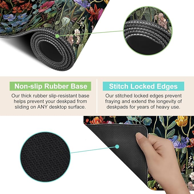 Desk Mat, XXL Extended Gaming Pad for Desktop, 35x16 Inches Dark Floral Art on Dark Background, Large Non-Slip Vegan Leather Keyboard Mouse Mat for Home Office