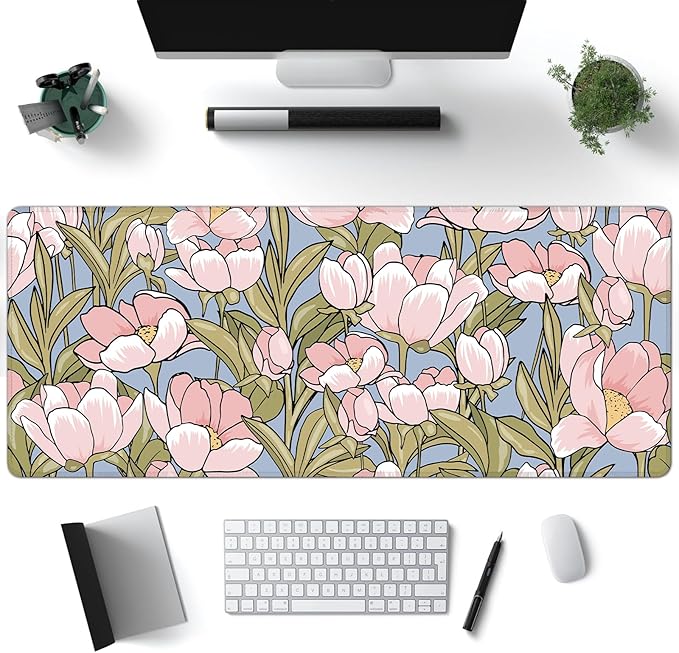Desk Mat, WatercolorTulip Flowers XXL 35.4"x15.7"Large Gaming Mouse Pad, 3mm Thick Gaming Keyboard Pad,Desk Pad Non-Slip Rubber Base with Stitched Edges for Office Game Home Decor