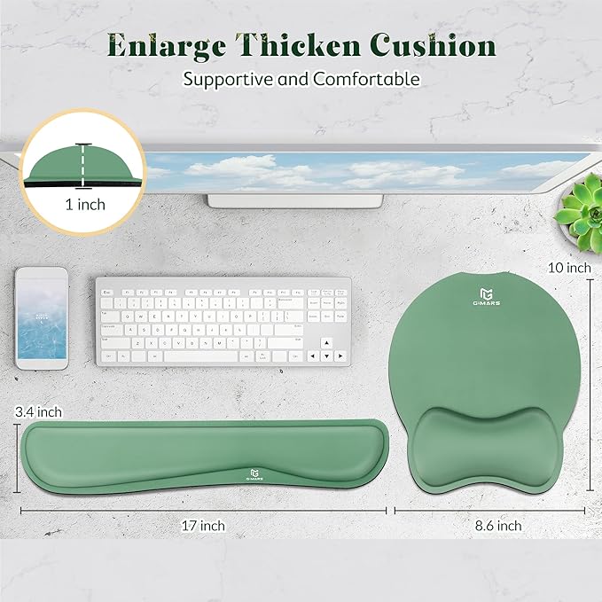 Gimars Ergonomic Mouse Pad Wrist Support, Upgrade Enlarge Superfine Fibre Soft Smooth Keyboard Wrist Rest, Comfortable Memory Foam Wrist Rest for Computer, Gaming, Office,Dark Green