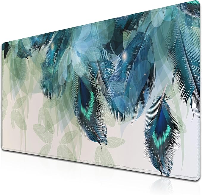 Gaming Mouse Pad Navy Desk Mat Large Desk Pads Mens Office Accessories Pad for Table Non-Slip Rubber Base Waterproof with Stitched Edges 35.4" X 15.7" for Game Office, Peacock Feather