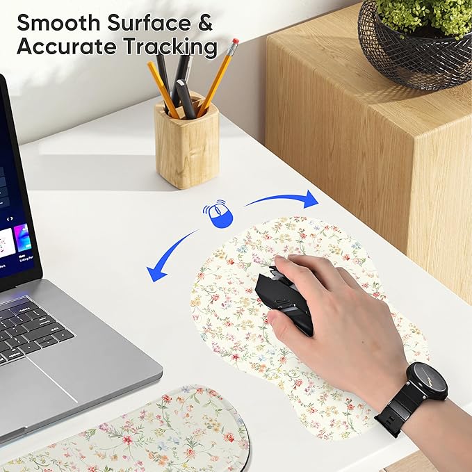 Wrist Rest Support for Mouse Pad Keyboard Set Circle Coaster Gaming Mouse Pad Ergonomic Gel Memory Foam Set for Computer, Laptop, Office, Comfortably Typing Flowers KM-39