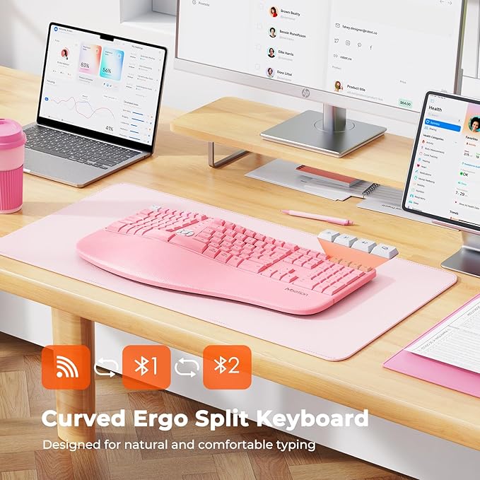 MEETION Ergonomic Keyboard with Cushioned Wrist Rest, Bluetooth Wireless Keyboard Rechargeable, Split Curved Keyboards Natural Typing, Full Size Multi-OS Windows/Mac, Computer/Laptop/Tablet/, Pink