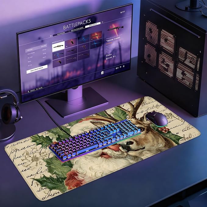 Desk Mat, XXL Extended Gaming Pad for Desktop, 31x12 Inches Santa and Reindeer Classic Scene, Large Non-Slip Vegan Leather Keyboard Mouse Mat for Home Office