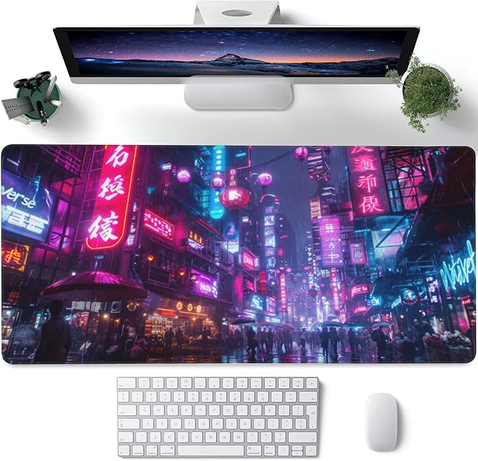 Desk Mat,Cyberpunk Neon City Large Gaming Mouse Pad for Desk XXL,Futuristic Night Street Desk Pad,Extended Big Computer Keyboard Mouse Pad with Non-Slip Base and Stitched Edge 35.4"x15.7"