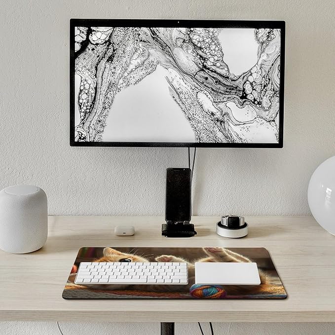 Large Ergonomic Gaming Mouse Pad Curious Kitten Playtime - Cute Cat Theme with Non-Slip Base Water-Resistant Surface and Stitched Edges 30x60cm