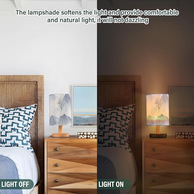 Blue Mountain LED Table Lamp, Bedside Lamp with Linen Lampshade, Flicker-Free Eye Care USB Plug in Nightstand Lamp, for Bedroom and Office