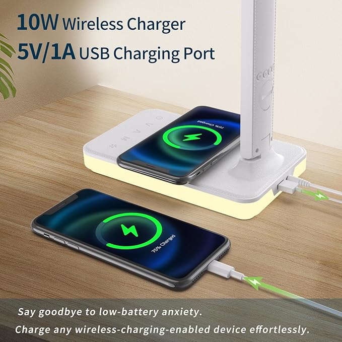 LED Desk Lamp for Home Office, USB Charging Port, Reading Lamp Desk Light with 5 Brightness, 3 Colors, Table Lamp with Clock, Alarm, Date, Temperature, Desk Lamp for College Dorm Room (White)